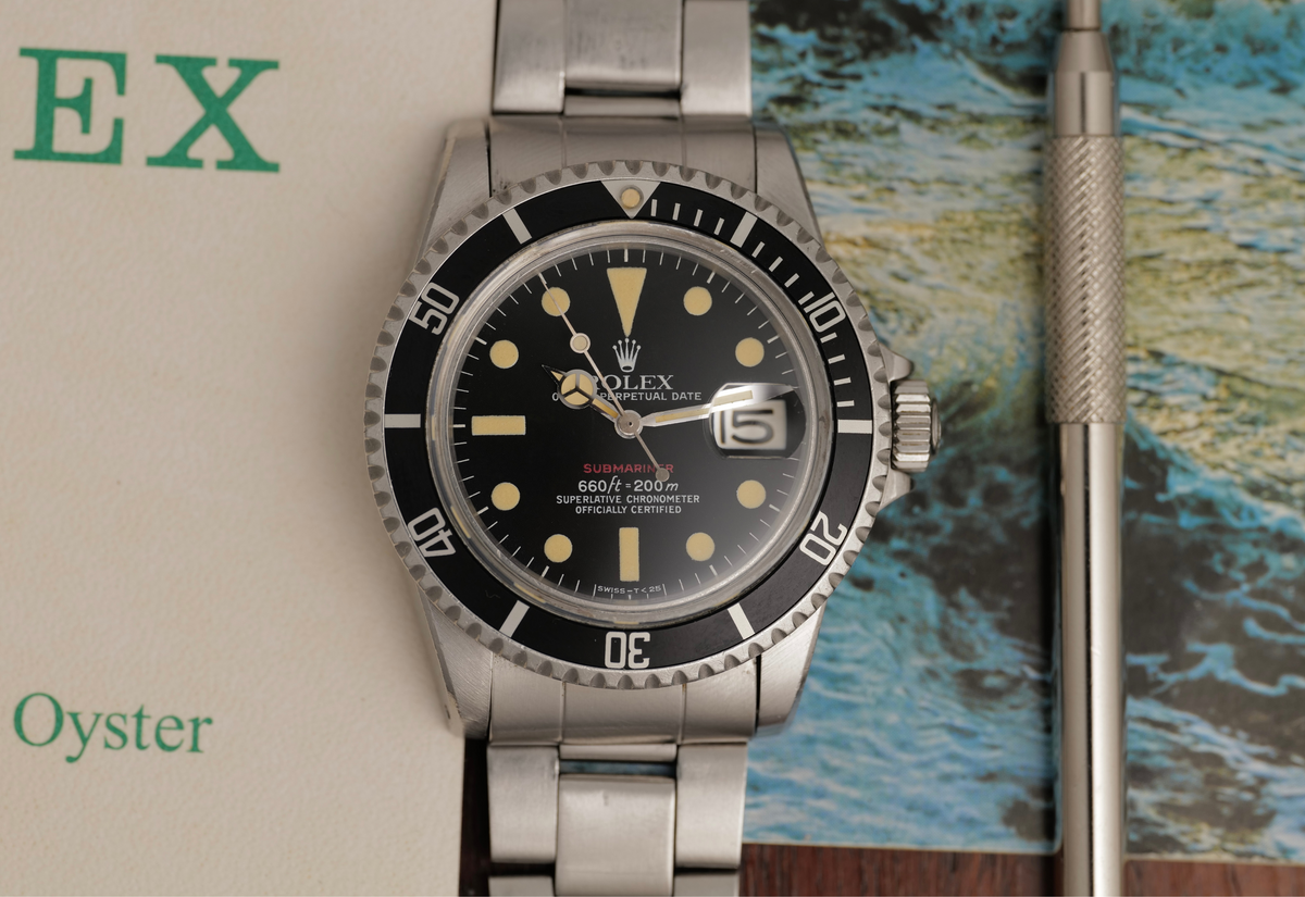 Perfect Patina Single RED SUBMARINER with box and papers.  Stunner !