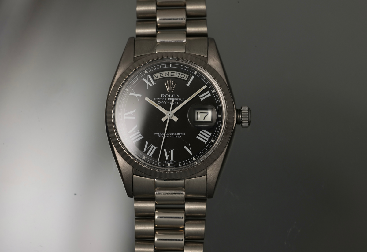 Rolex 1803 in White Gold with. fabulous Black Painted Roman Dial AKA Buckley Dial