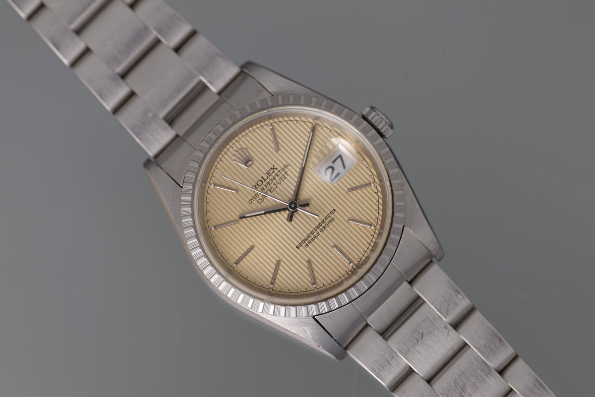 Rolex Datejust 16220 Tropical Cream Tapestry Dial complete set.