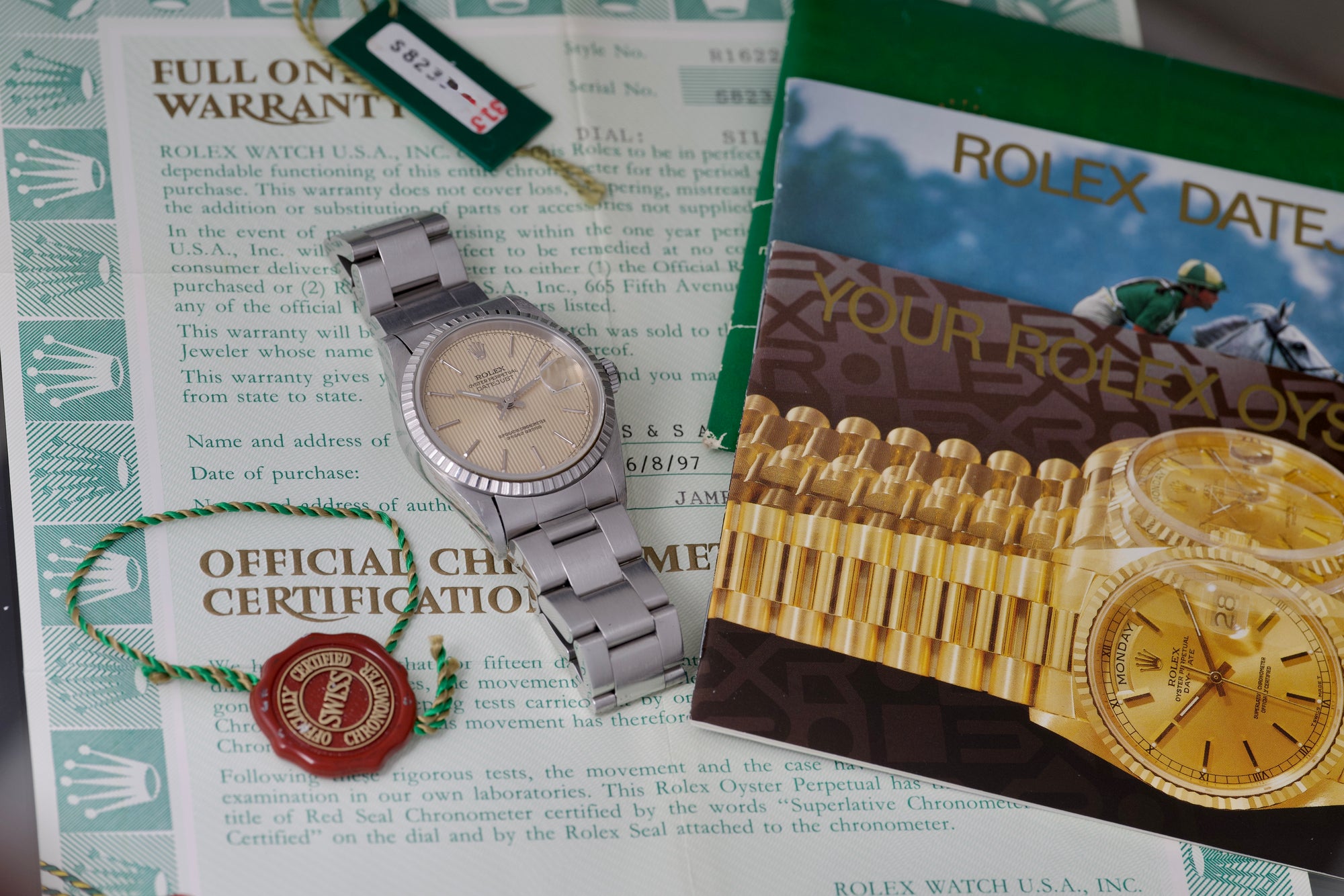 Rolex Datejust 16220 Tropical Cream Tapestry Dial complete set.